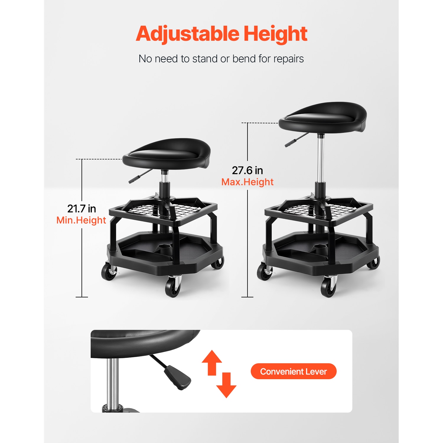 Adjustable Rolling Garage Shop Stool With Wheels And Padded Seat_voghion.com